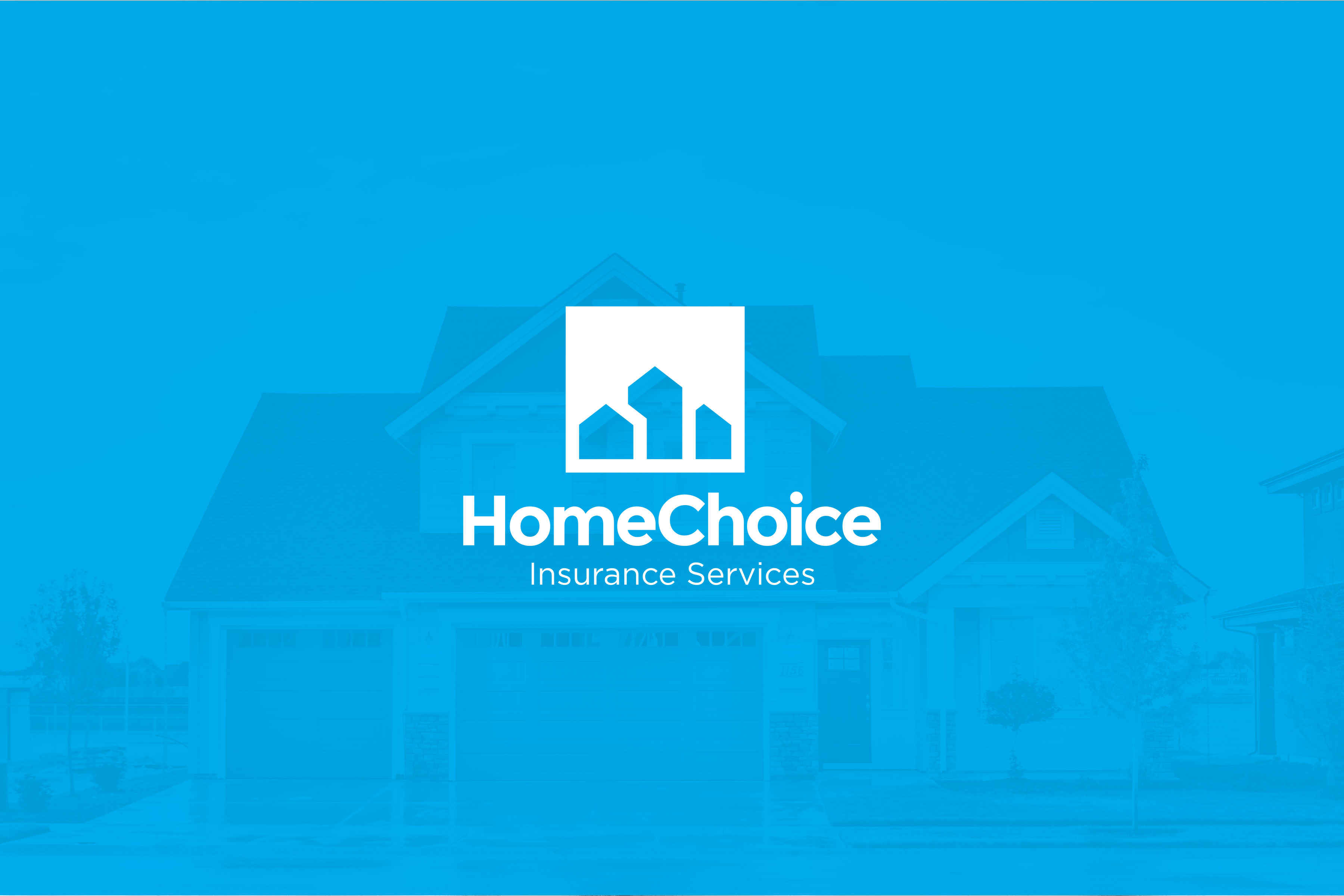 HomeChoice white design on blue photo background