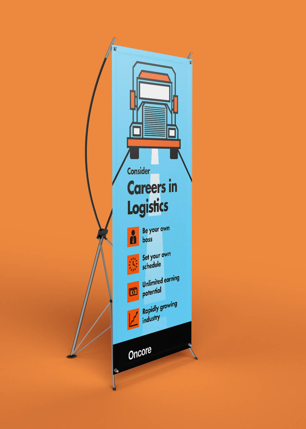 Oncore vertical banner design angled right