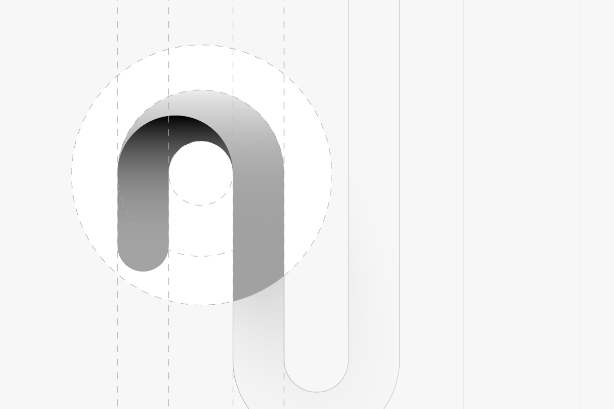 Close-up 3D logo design detail with grid overlay